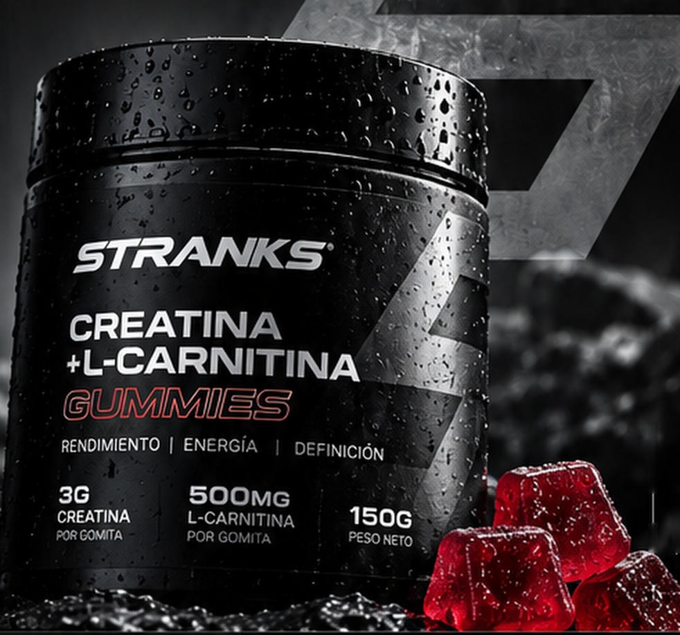 Frasco de STRANKS Creatina + L-Carnitina Gummies junto a gomitas rojas
